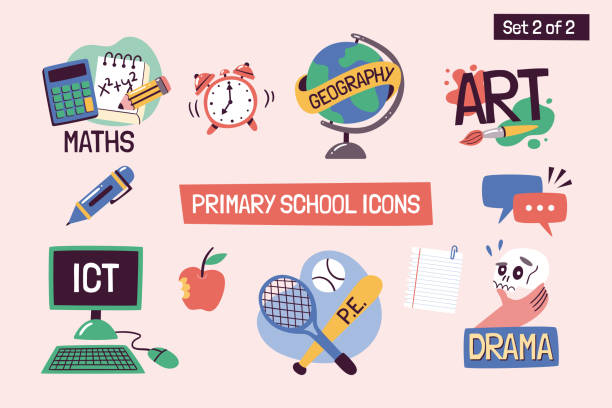 Primary school icons School subjects educational icons. Hand-drawn vector labels with primary school subjects. Perfect for timetables, websites, school apps, sticker design, etc educational subject stock illustrations
