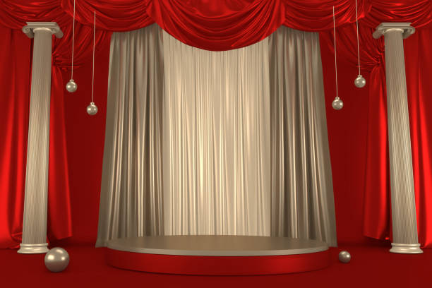istock Red and Gold podium show in red color background.3D rendering 1329246486