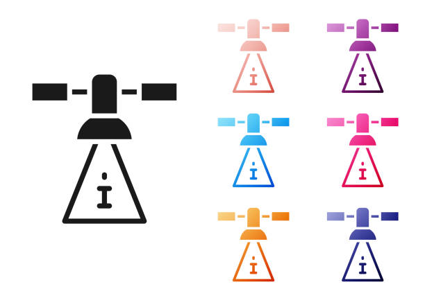 illustrazioni stock, clip art, cartoni animati e icone di tendenza di icona del satellite nero isolata su sfondo bianco. impostare le icone colorate. vettore - satellite global positioning system surveillance satellite dish