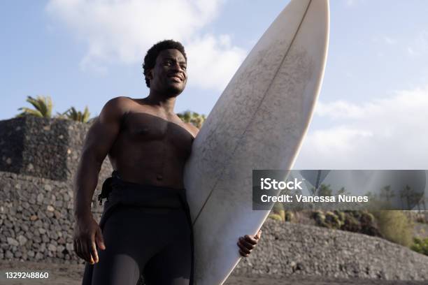 Surfer African American Man Holding Long Board Before Surf Session Extreme Sport Lifestyle Stock Photo - Download Image Now