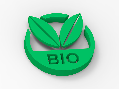 3D green and round icon with two leaves, message of bio, organic, ecologic, healthy lifestyle, environment preservation, white background