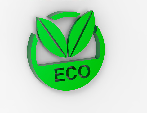 3D green and round icon with two leaves, eco message, sustainability, ecologic, recycling, environmental preservation, white background