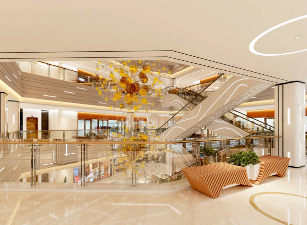 3d rendering der shopping-mall innen - contemporary staircase design escalator stock-fotos und bilder