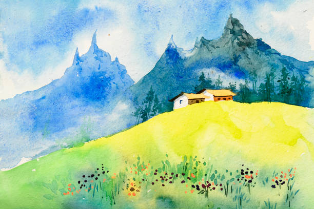 istock Watercolor painting of home, mountains 1329251533