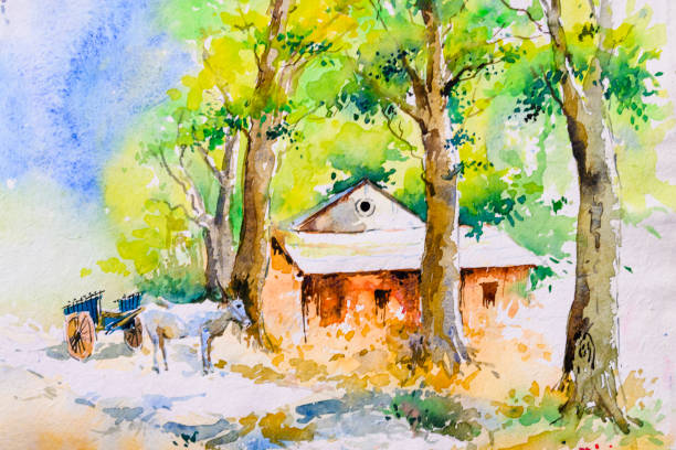 밝은 인도 마을 수채화 그림 - paintings canvas cottage painted image stock illustrations