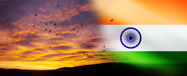 istock The wavy Indian flag on bright sky at sunset or sunrise background 1329252441
