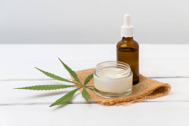 Cannabis infused cosmetics concept. CBD cream and hemp oil on white background Cannabis infused cosmetics concept. CBD cream and hemp oil on white background with copy space cannabinoid photos stock pictures, royalty-free photos & images