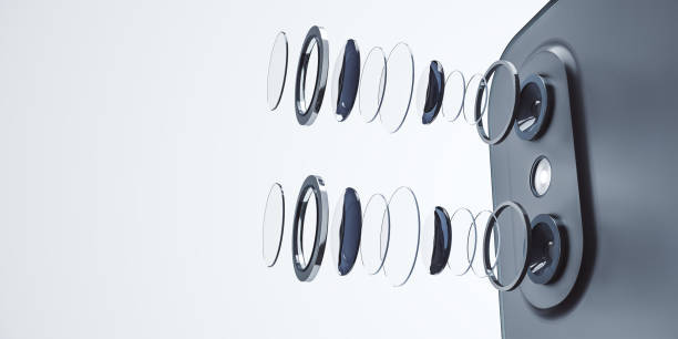 istock Decomposed smartphone camera lens on white background with mock up place for your advertisement. Technology, mobile photography and progress concept. 3D Rendering. 1329260639
