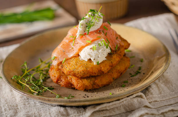 istock Delicious latkes with salmon 1329260709