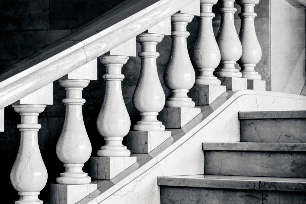 istock Black and white closeup marble balustrade and steps, background with copy space 1329260816