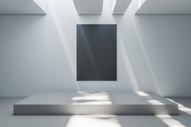 istock Modern concrete exhibition room interior with podium and empty black poster on wall. Mock up, 3D Rendering. 1329260820