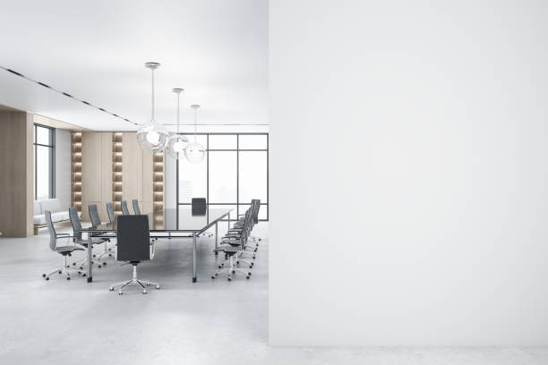 istock Modern spacious conference room interior with panoramic city view, empty white mockup place daylight and furniture. Mock up, 3D Rendering. 1329260822