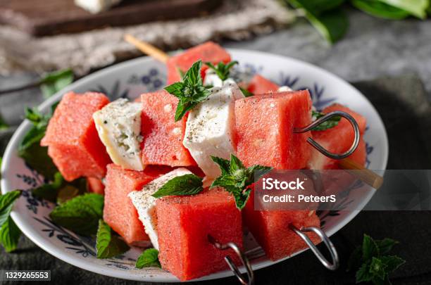 Delicious Spicy Skewers With Watermelon Stock Photo - Download Image Now - Watermelon, Skewer, Feta Cheese