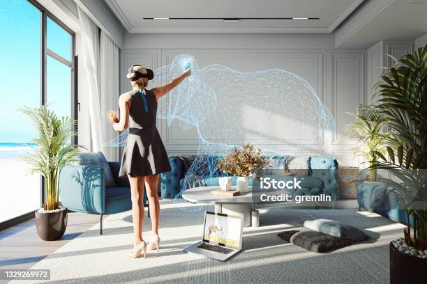 Woman Creating Art In Vr Environment Stock Photo - Download Image Now - Virtual Reality Simulator, Virtual Reality, Technology