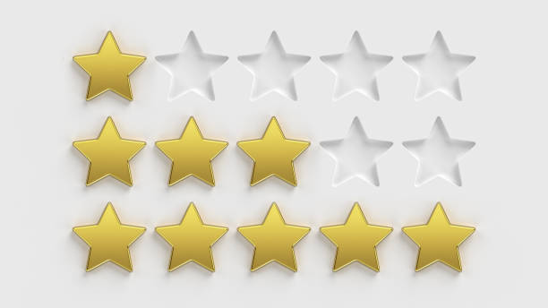 five star rating. gold stars on a white background. rate a company or app online. 5 gold stars for customer quality review illustration. - first class star shape rank gold imagens e fotografias de stock