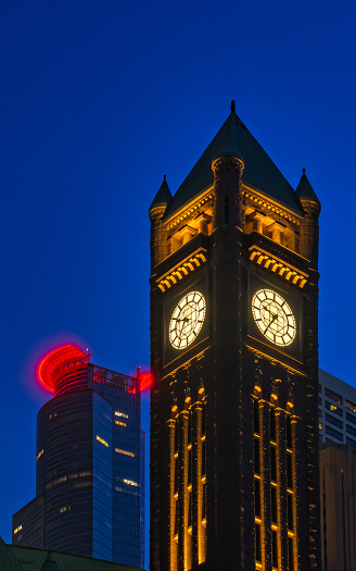 Minneapolis clock tower during blue hour