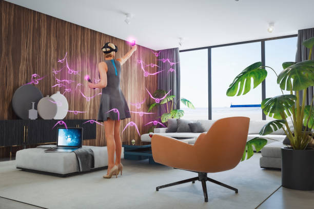 istock Woman creating art in VR environment 1329274794