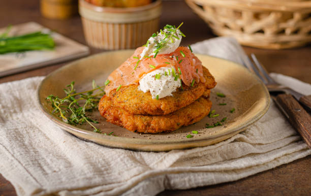 istock Delicious latkes with salmon 1329277099
