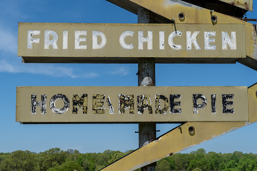 Old vintage retro sign for fried chicken and homemade pie