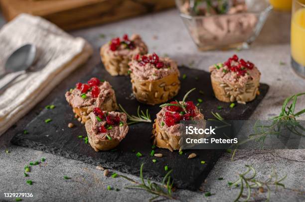 Homemade Pate On Heathy Bread With Cranberries Stock Photo - Download Image Now - Pate, Crostini, Food