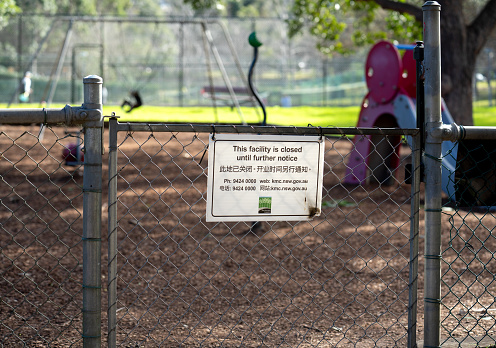Closed playground sign in winter Sydney Covid lockdown. Pymble, NSW, Australia.7 July 2021.