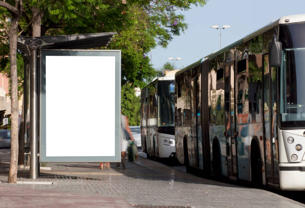 istock Mockup blank advertising signs and template or light posters with space to copy text or media message and content, blank shadow posters with screen on city wall background 1329281935