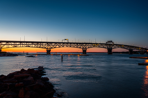 The Coleman Bridge over the York River at sunset.