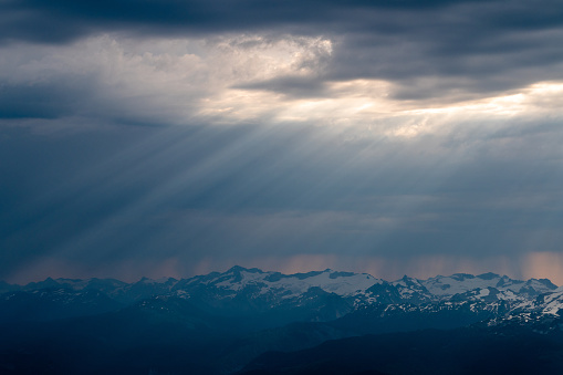 View from the Tantalus Range in Squamish, BC. Weather in the mountains. Mountain landscape backgrounds.