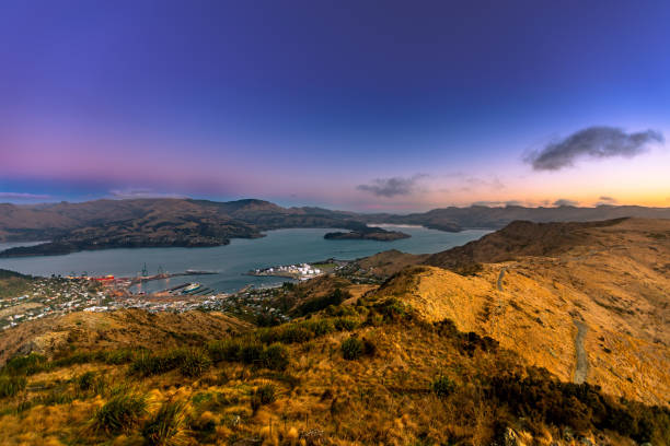 te whakaraupō lyttelton harbour, crépuscule, automne - christchurch photos et images de collection