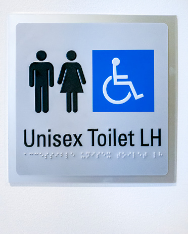 Unisex and disable person toilet/restroom signage seen in public places. Wheelchair friendly access. Included below is a translation coded in Braille tactile writing system for the visually impaired.