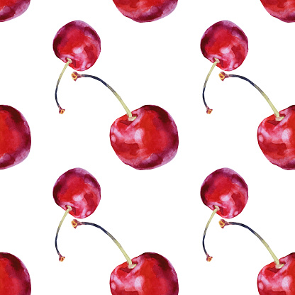 Seamless pattern watercolor red cherry isolated on white background. Hand-drawn sweet summer food berry fruit. Art creative object for menu, wallpaper, wrapping, sketchbook, notebook, card, postcard