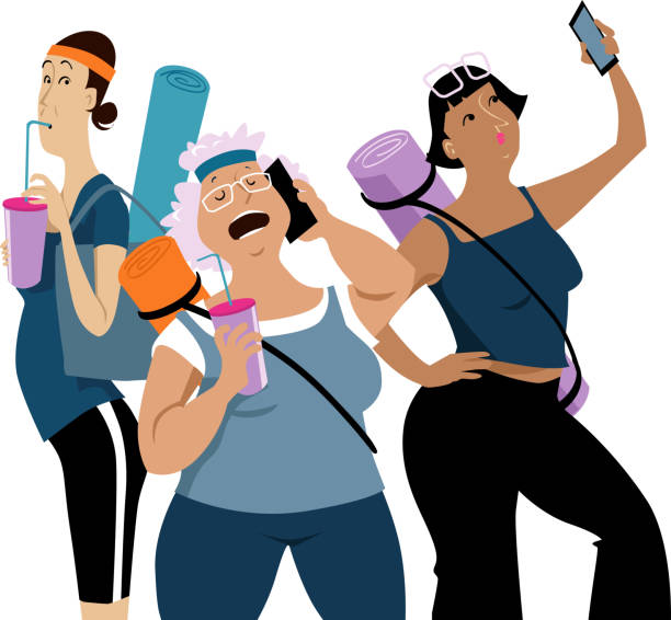 Senior women's yoga group Three mature women after a yoga class having protein shakes and communicating over the smartphones, EPS 8 vector illustration mature woman healthy eating stock illustrations