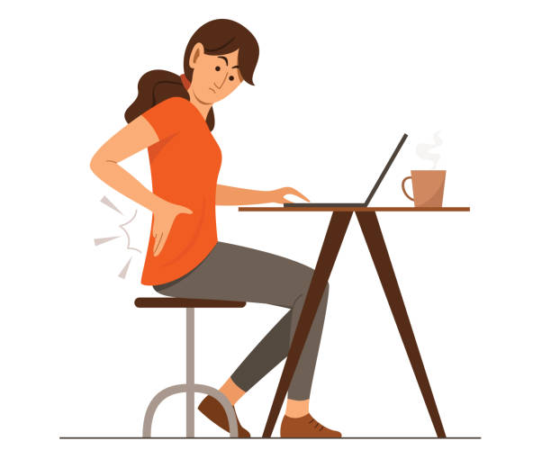 Freelance Woman Feel Some Backache on Waist Area While Online Working with Laptop from Home. The freelance woman is feeling some backache on her waist area while online working with laptop from home. back pain stock illustrations