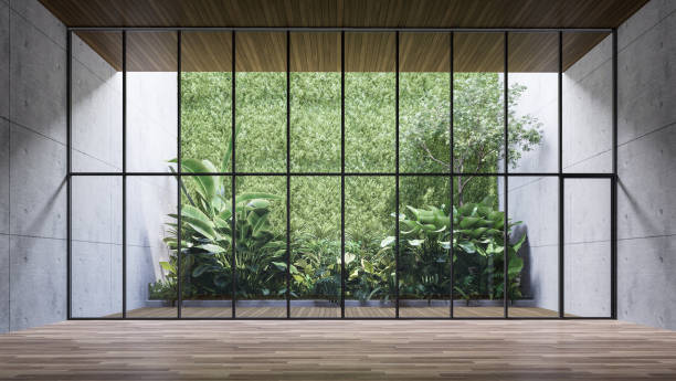 istock Empty room with large window to see green tropical tree wall background 3d render 1329292104