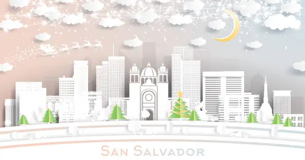 Vector illustration of San Salvador City Skyline in Paper Cut Stye with Snowflakes, Moon and Neon Garland.