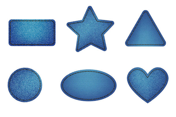 ilustrações de stock, clip art, desenhos animados e ícones de set of blue denim patches with stitch. light blue denim. patches of different shapes rectangle, circle, square, triangle, heart, oval. vector illustration - embroidery seam shirt sewing