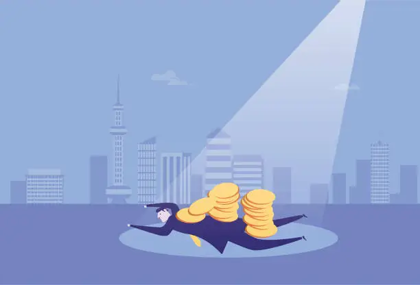 Vector illustration of Business man overwhelmed by gold coins