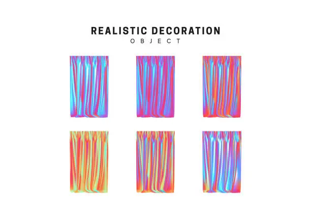 Vector illustration of Set Realistic fabric curtain with holographic color gradient.