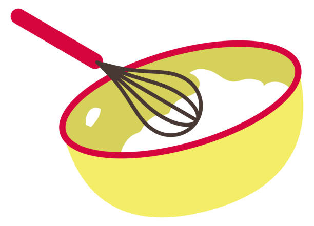 One whisk and one mixing bowl One red handled whisk and one red rimmed mixing bowl. mixing bowl icon stock illustrations