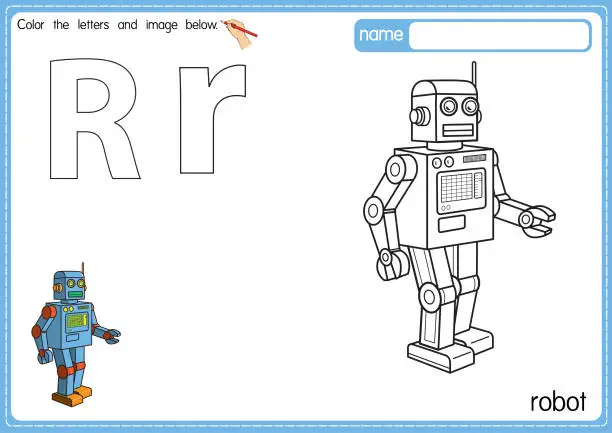 Vector illustration of Vector illustration of kids alphabet coloring book page with outlined clip art to color. Letter R for  Robot.