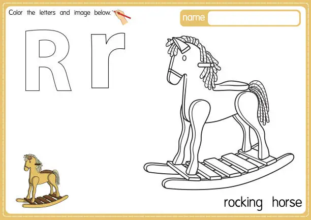 Vector illustration of Vector illustration of kids alphabet coloring book page with outlined clip art to color. Letter R for  Rocking horse.