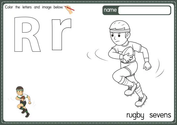 Vector illustration of Vector illustration of kids alphabet coloring book page with outlined clip art to color. Letter R for  Rugby sevens.