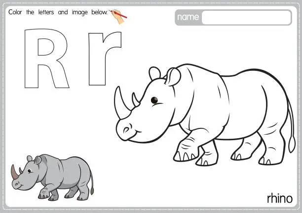 Vector illustration of Vector illustration of kids alphabet coloring book page with outlined clip art to color. Letter R for Rhino.