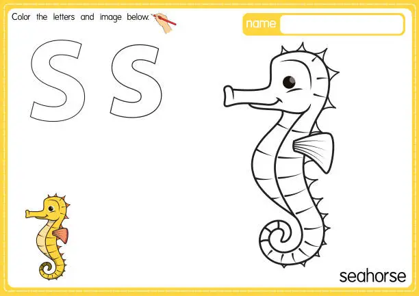 Vector illustration of Vector illustration of kids alphabet coloring book page with outlined clip art to color. Letter S   for Seahorse.