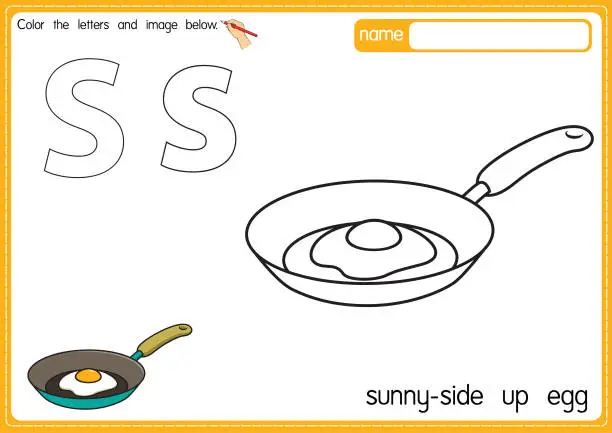 Vector illustration of Vector illustration of kids alphabet coloring book page with outlined clip art to color. Letter S for Sunny-side up egg.