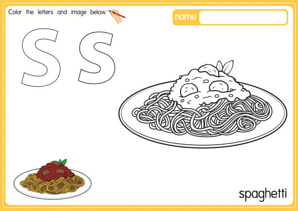 stockillustraties, clipart, cartoons en iconen met vector illustration of kids alphabet coloring book page with outlined clip art to color. letter s for spaghetti. - spaghettibandjes
