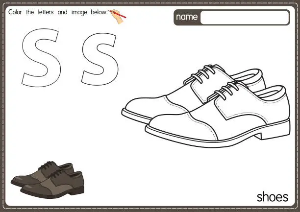 Vector illustration of Vector illustration of kids alphabet coloring book page with outlined clip art to color. Letter S for Shoes.