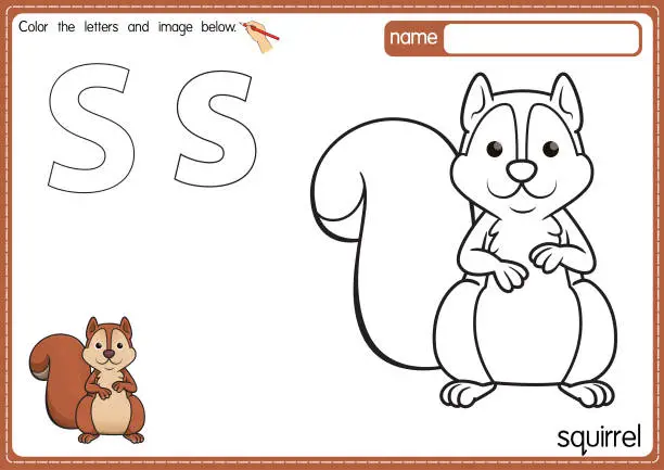Vector illustration of Vector illustration of kids alphabet coloring book page with outlined clip art to color. Letter S for Squirrel.