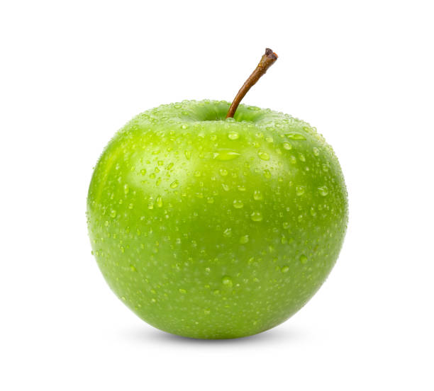 istock Green apple on white background with water drop 1329302910