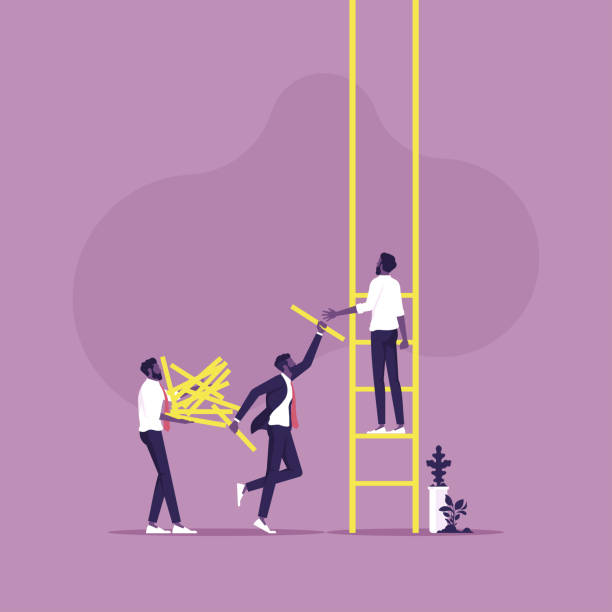 Business teamwork and success vector concept Businessmen working as a team to build a ladder of success, Symbol of teamwork and success group of people people recreational pursuit climbing stock illustrations
